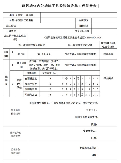 建筑内墙乳胶漆验收单